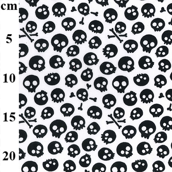 Halloween Polycotton - Black Skulls on White